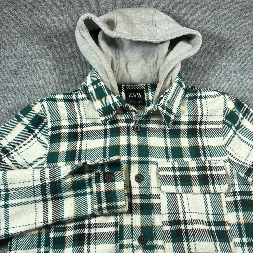 Zara Hooded Plaid Shacket Mens M Green White Flannel Shirt Jacket